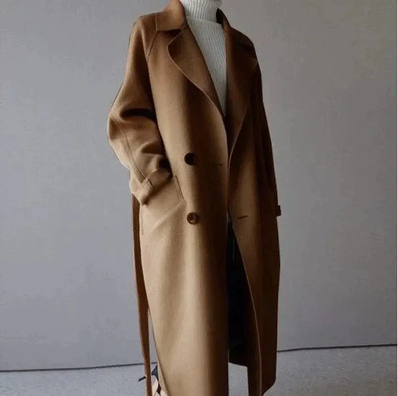 Minerva - Women's Button-Front Wool Coat with Notch Lapels