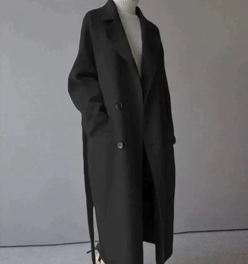 Minerva - Women's Button-Front Wool Coat with Notch Lapels