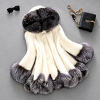 Natalie - Women's Faux Fur Hooded Flared Coat with Fur Trim 1