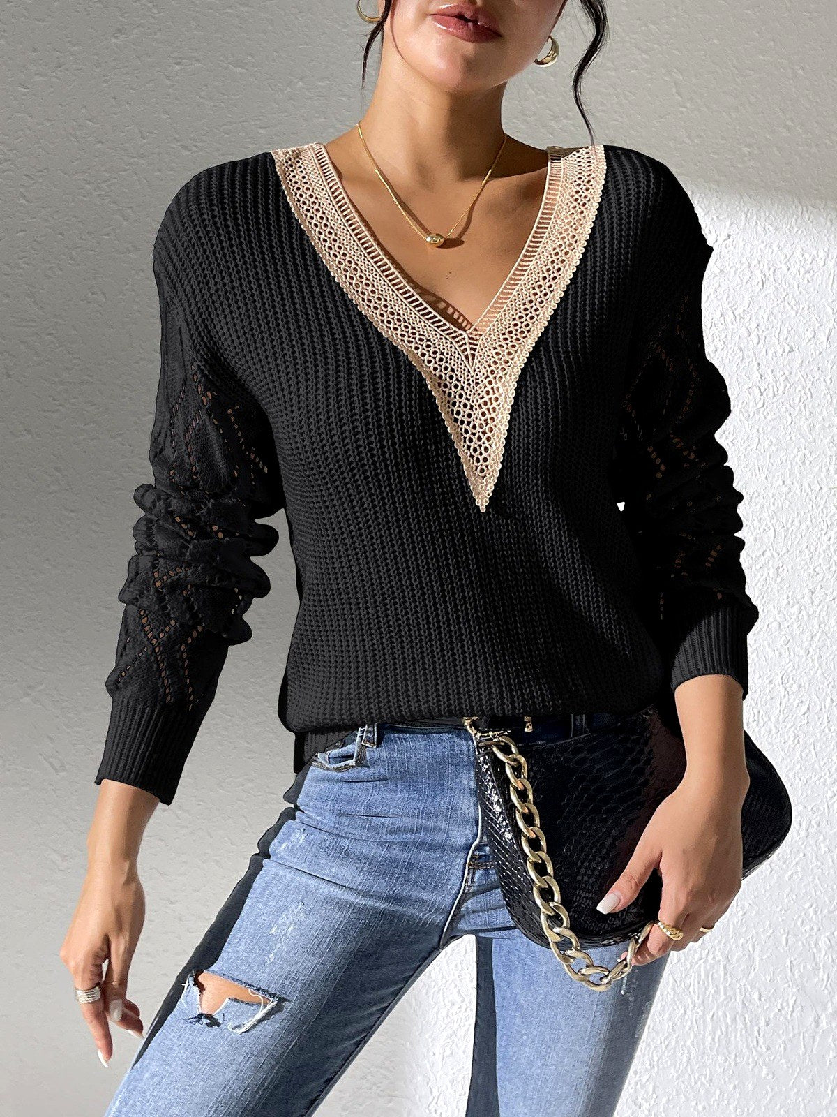 Natalie - Women's V-Neck Knit Sweater with Openwork Sleeve Detail 2