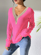 Natalie - Women's V-Neck Knit Sweater with Openwork Sleeve Detail 4