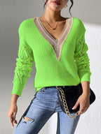 Natalie - Women's V-Neck Knit Sweater with Openwork Sleeve Detail 5