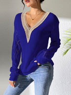Natalie - Women's V-Neck Knit Sweater with Openwork Sleeve Detail 6