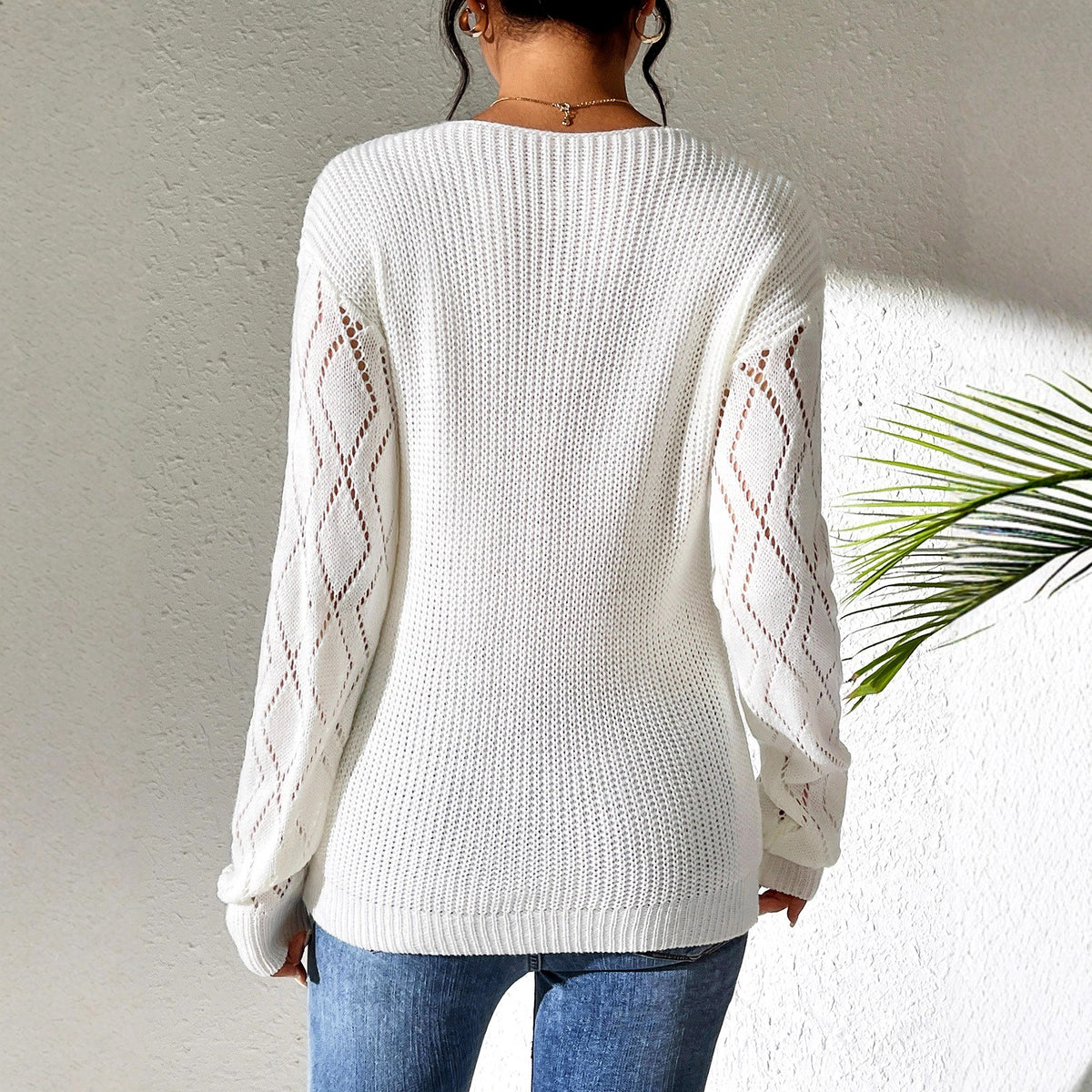 Natalie - Women's V-Neck Knit Sweater with Openwork Sleeve Detail 9