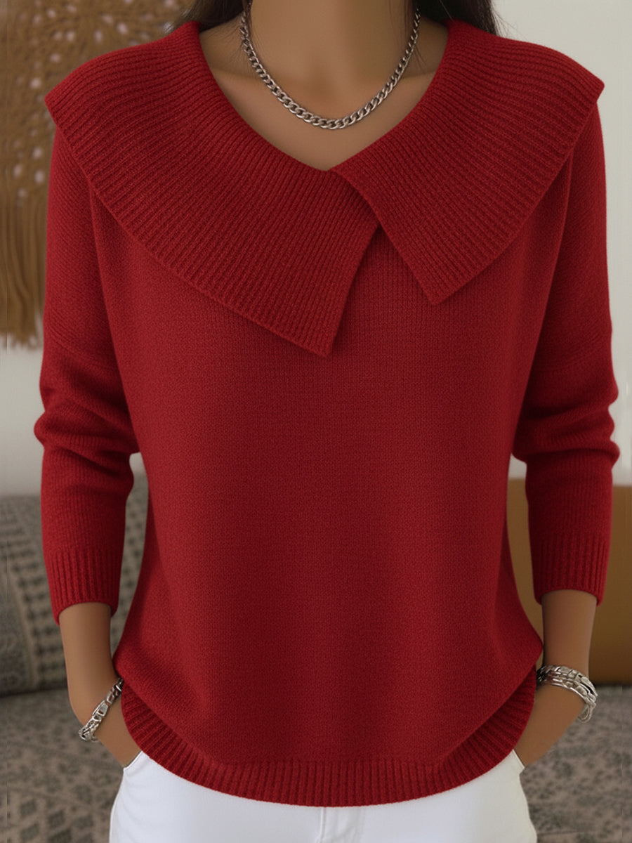 Natasha - Women's Ribbed V-Neck Oversized Collar Sweater