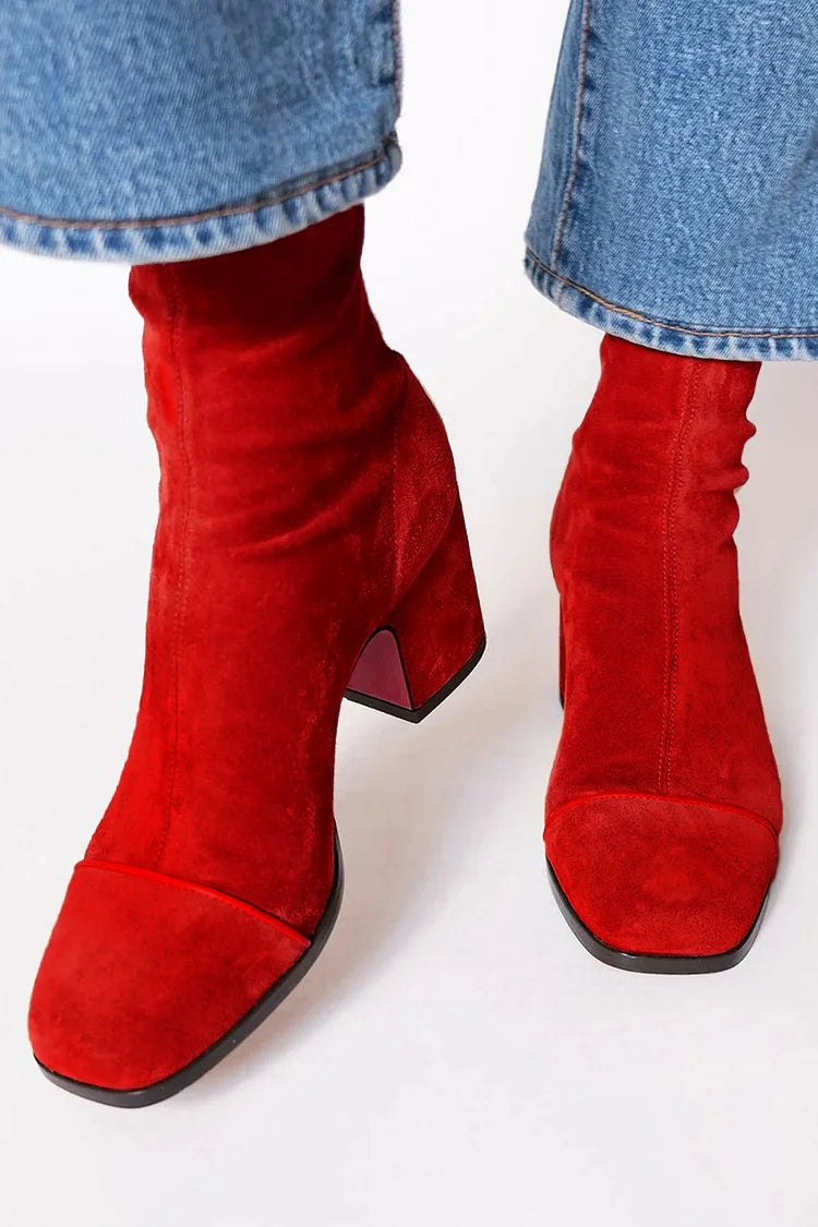 Natasha - Women's Square-Toe Suede Ankle Boots with Chunky Heel