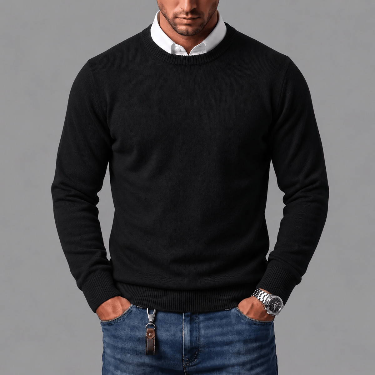 Neil - Men's Crewneck Sweater with Ribbed Cuffs and Hem
