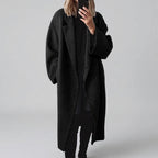 Nora - Women's Button-Front Longline Coat with Notch Lapels