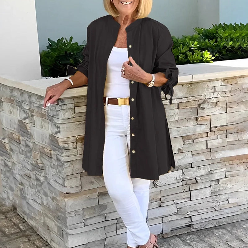 Penelope - Women's Cotton Shirt Jacket with Tied Sleeves and A-Line Cut