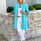 Penelope - Women's Cotton Shirt Jacket with Tied Sleeves and A-Line Cut