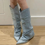 Polly - Women's Slouched Denim Knee-High Boots