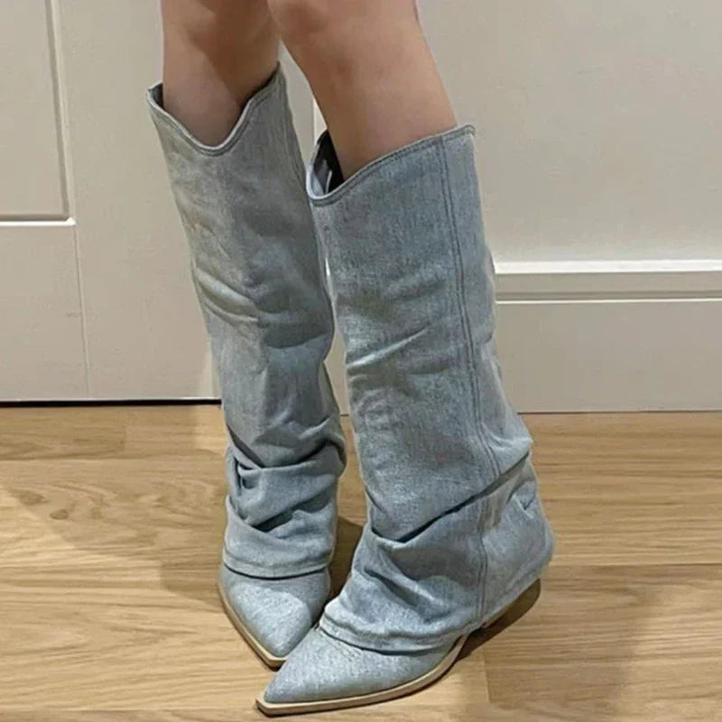 Polly - Women's Slouched Denim Knee-High Boots