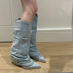 Polly - Women's Slouched Denim Knee-High Boots
