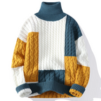 Raul - Men's Color-Block Cable-Knit Turtleneck with Ribbed Cuffs