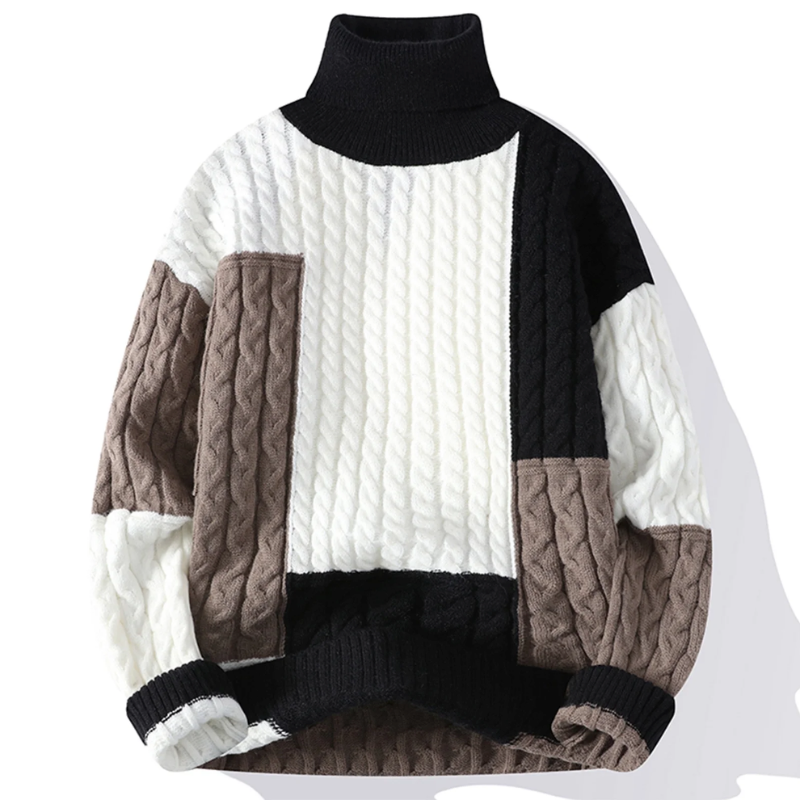 Raul - Men's Color-Block Cable-Knit Turtleneck with Ribbed Cuffs