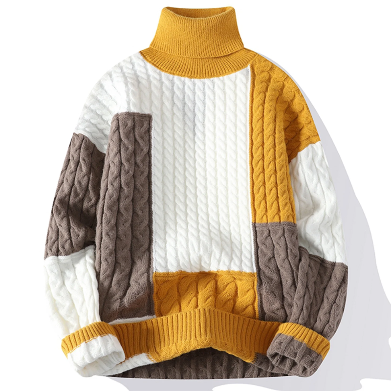 Raul - Men's Color-Block Cable-Knit Turtleneck with Ribbed Cuffs