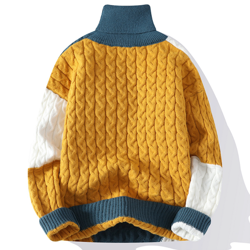 Raul - Men's Color-Block Cable-Knit Turtleneck with Ribbed Cuffs