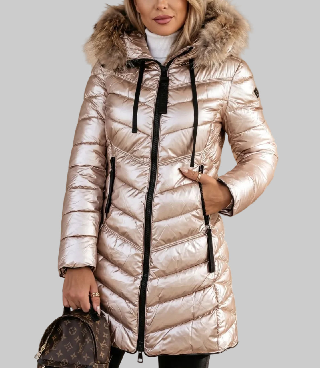 Reese - Women's Shiny Puffer Coat with Faux-Fur Hood