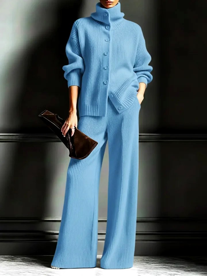 Rhea - Women's Ribbed Knit Turtleneck and Wide Leg Pants Set 6