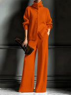 Rhea - Women's Ribbed Knit Turtleneck and Wide Leg Pants Set 7
