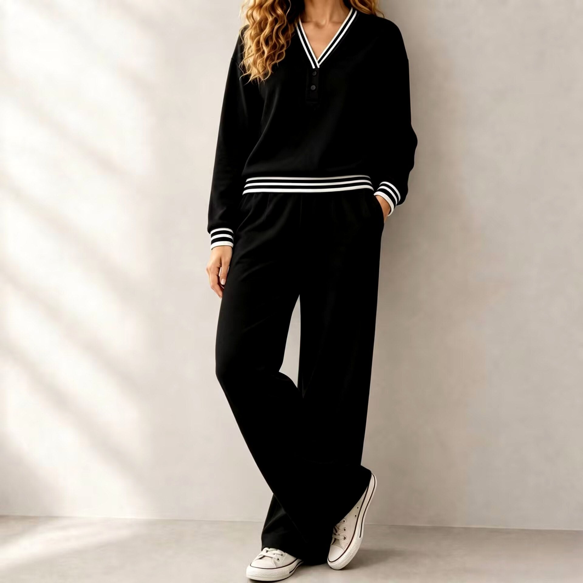 Rosalind - Women's Striped V-Neck Wide Leg Matching Set 2