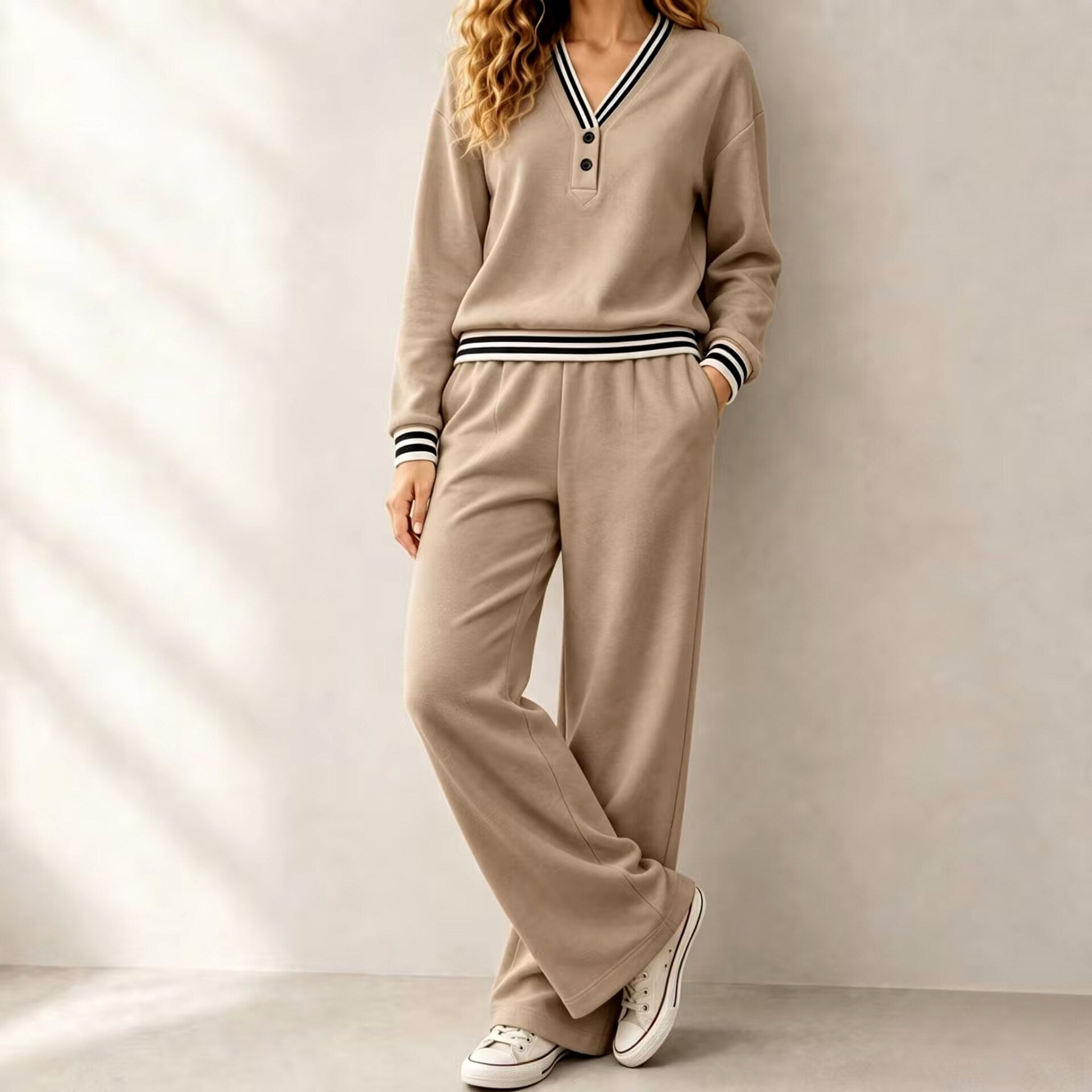 Rosalind - Women's Striped V-Neck Wide Leg Matching Set 3