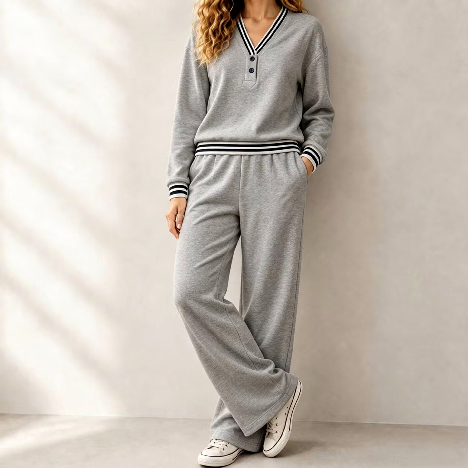 Rosalind - Women's Striped V-Neck Wide Leg Matching Set 4