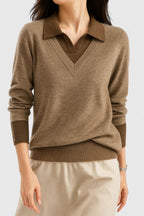 Sage - Women's Collared V-Neck Pullover with Button Cuffs