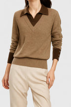 Sage - Women's Collared V-Neck Pullover with Button Cuffs