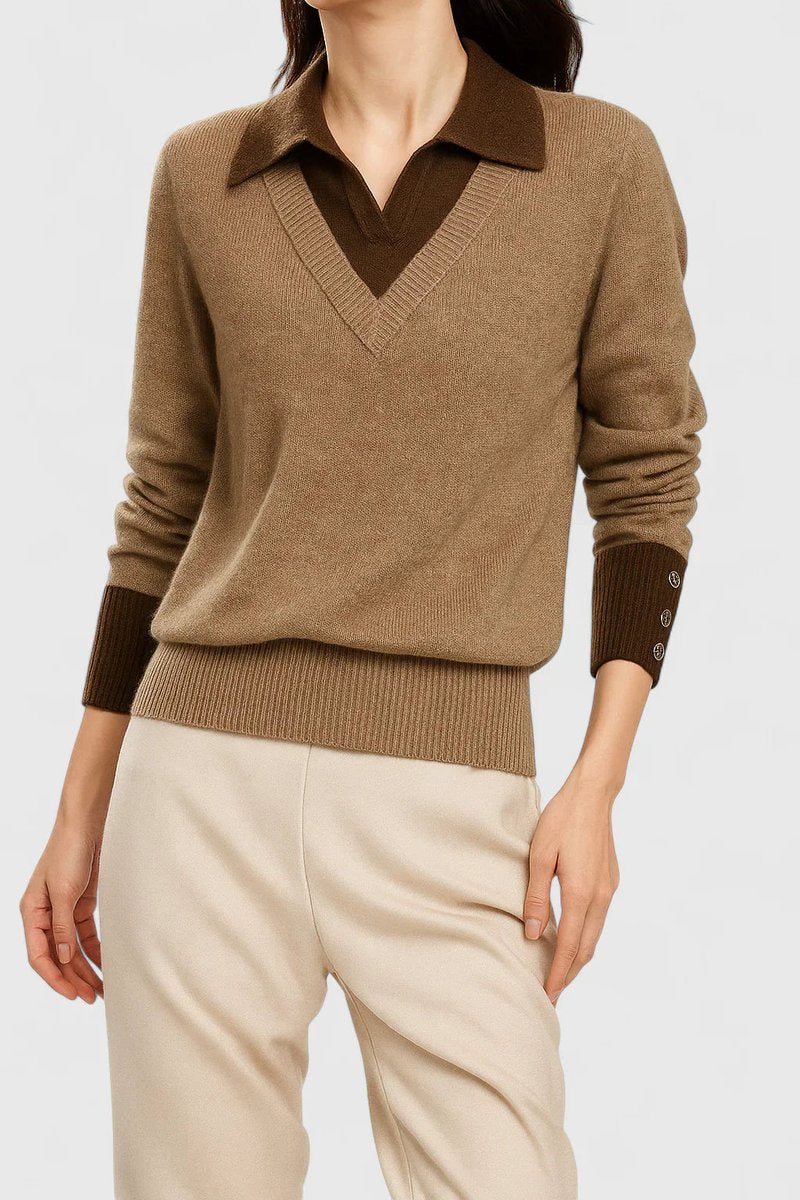Sage - Women's Collared V-Neck Pullover with Button Cuffs