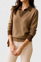 Sage - Women's Collared V-Neck Pullover with Button Cuffs