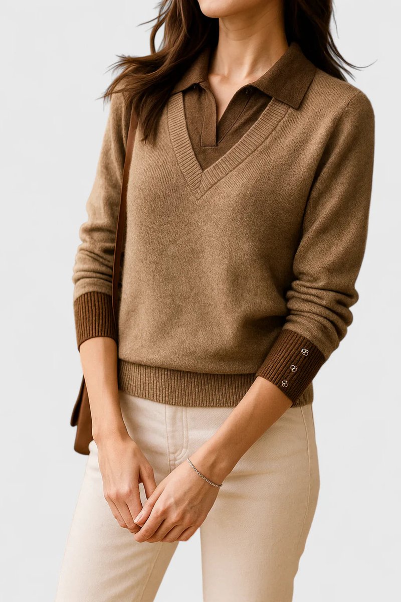 Sage - Women's Collared V-Neck Pullover with Button Cuffs