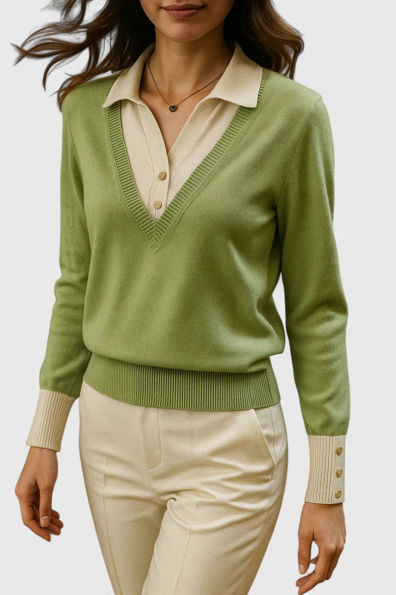Sage - Women's Collared V-Neck Pullover with Button Cuffs