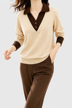 Sage - Women's Collared V-Neck Pullover with Button Cuffs