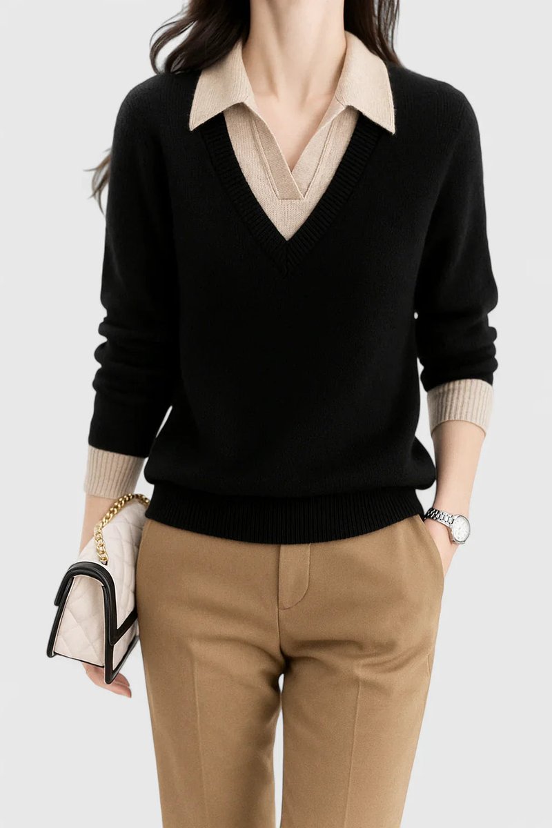 Sage - Women's Collared V-Neck Pullover with Button Cuffs