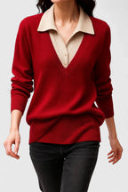 Sage - Women's Collared V-Neck Pullover with Button Cuffs