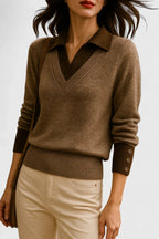 Sage - Women's Collared V-Neck Pullover with Button Cuffs