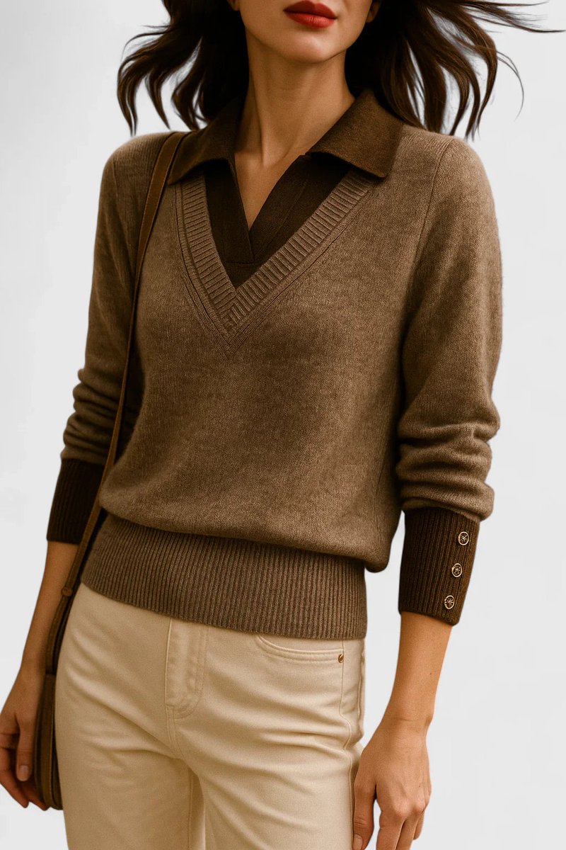 Sage - Women's Collared V-Neck Pullover with Button Cuffs