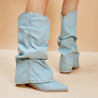 Saskia - Women's Pleated Denim Cowboy Boots