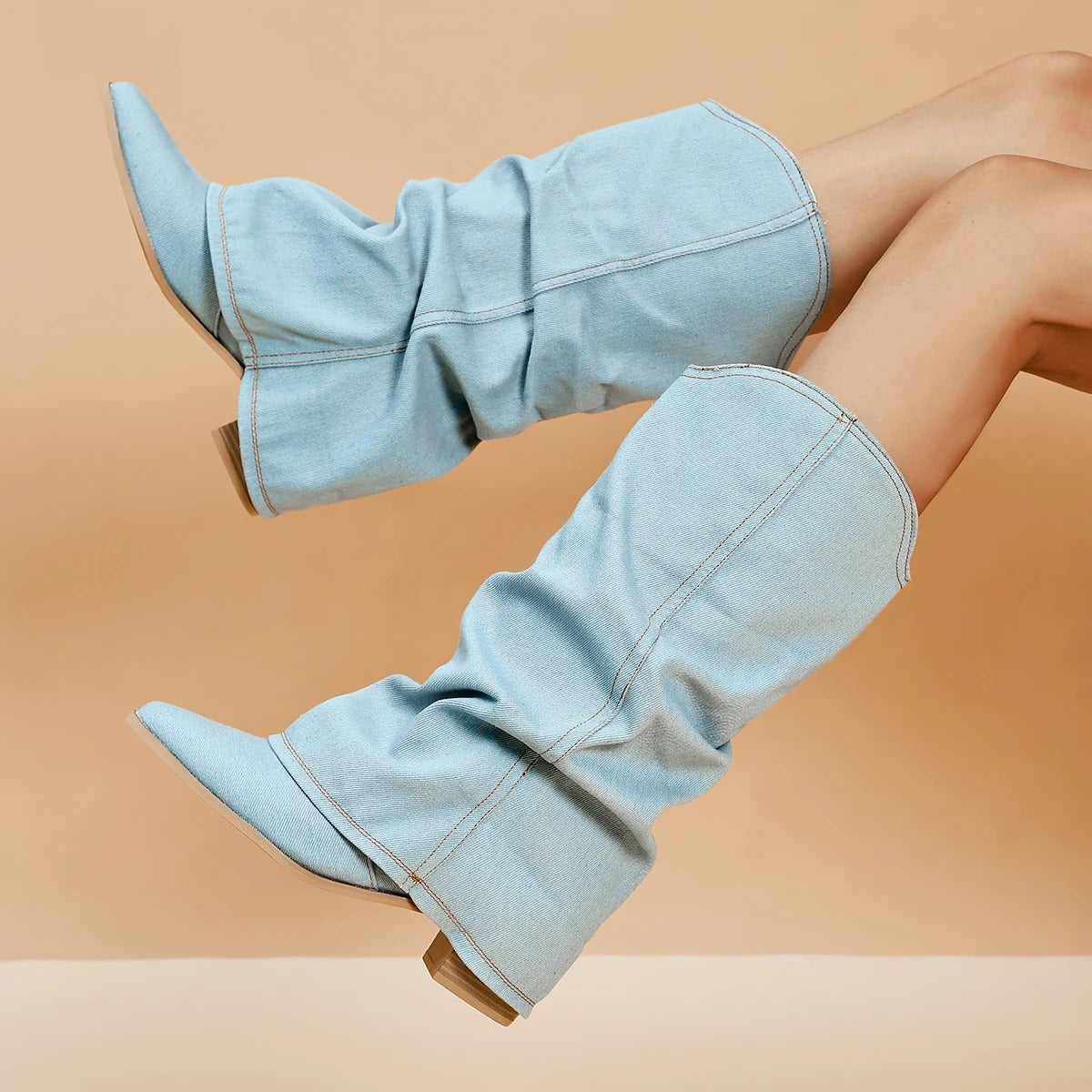 Saskia - Women's Pleated Denim Cowboy Boots
