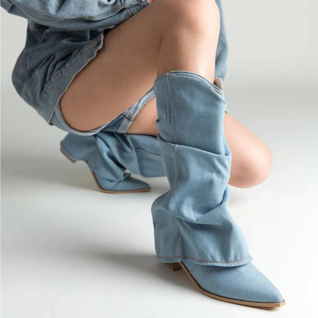 Saskia - Women's Pleated Denim Cowboy Boots