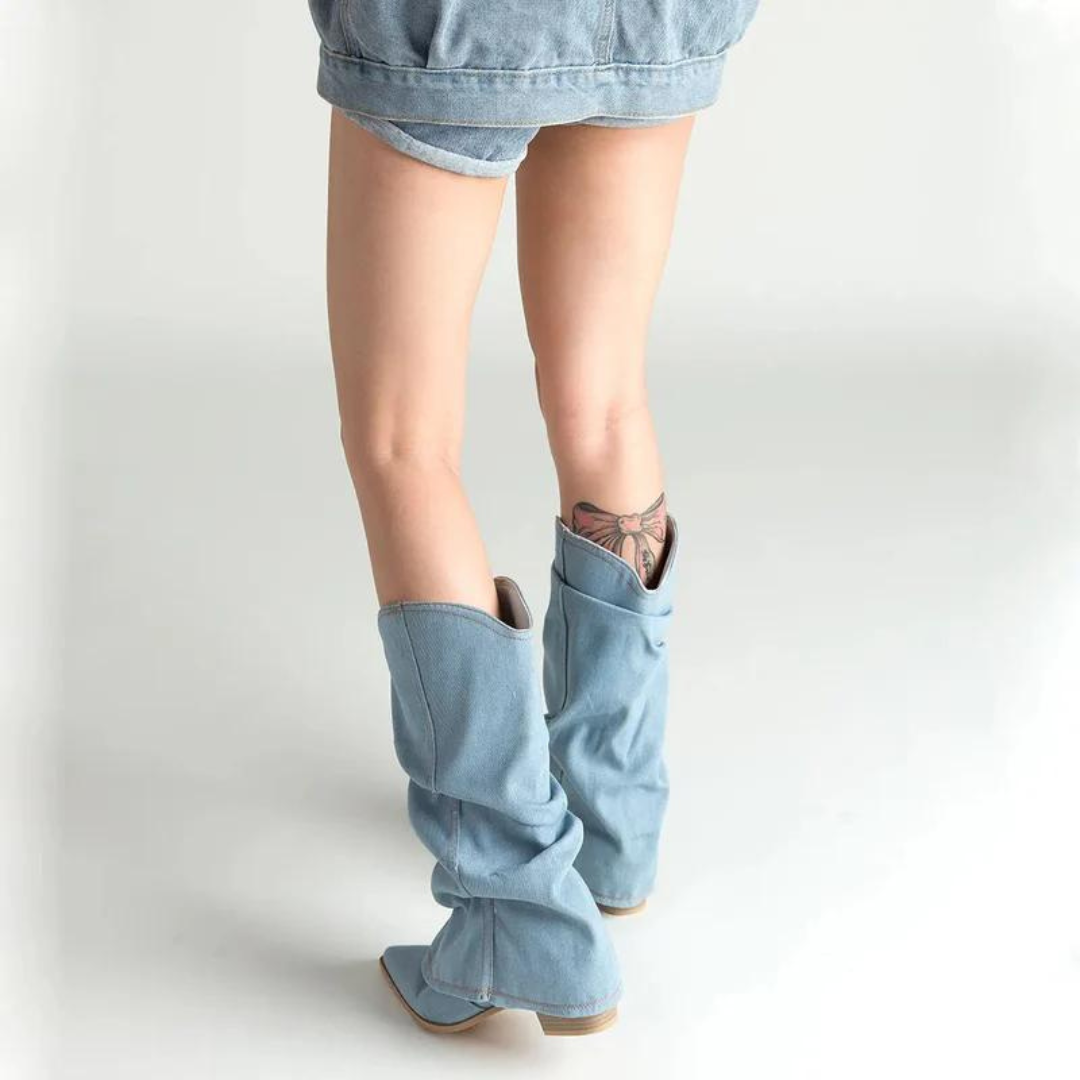 Saskia - Women's Pleated Denim Cowboy Boots