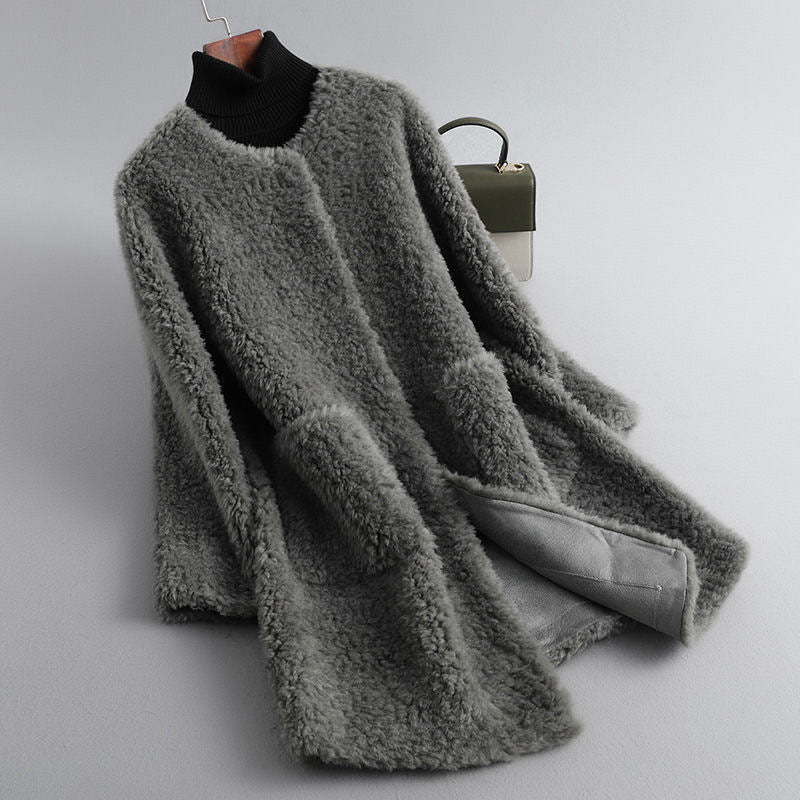 Scarlett - Women's Open Front Shearling Coat with Pockets 1
