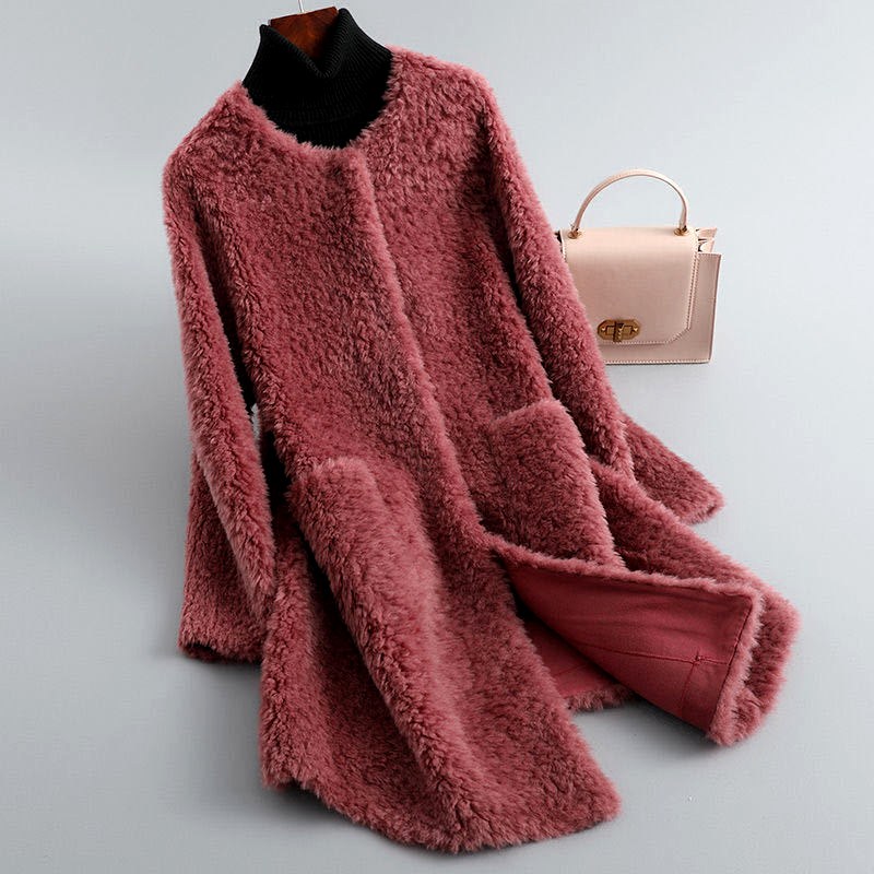 Scarlett - Women's Open Front Shearling Coat with Pockets 4