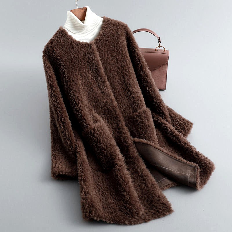 Scarlett - Women's Open Front Shearling Coat with Pockets 5
