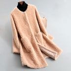 Scarlett - Women's Open Front Shearling Coat with Pockets 7
