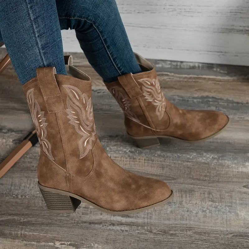 Sedona - Women's Embroidered Western Calf Boots with Stacked Heel