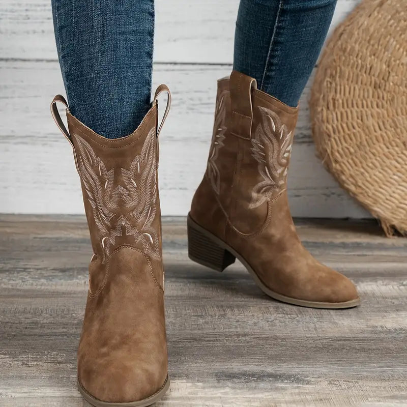 Sedona - Women's Embroidered Western Calf Boots with Stacked Heel
