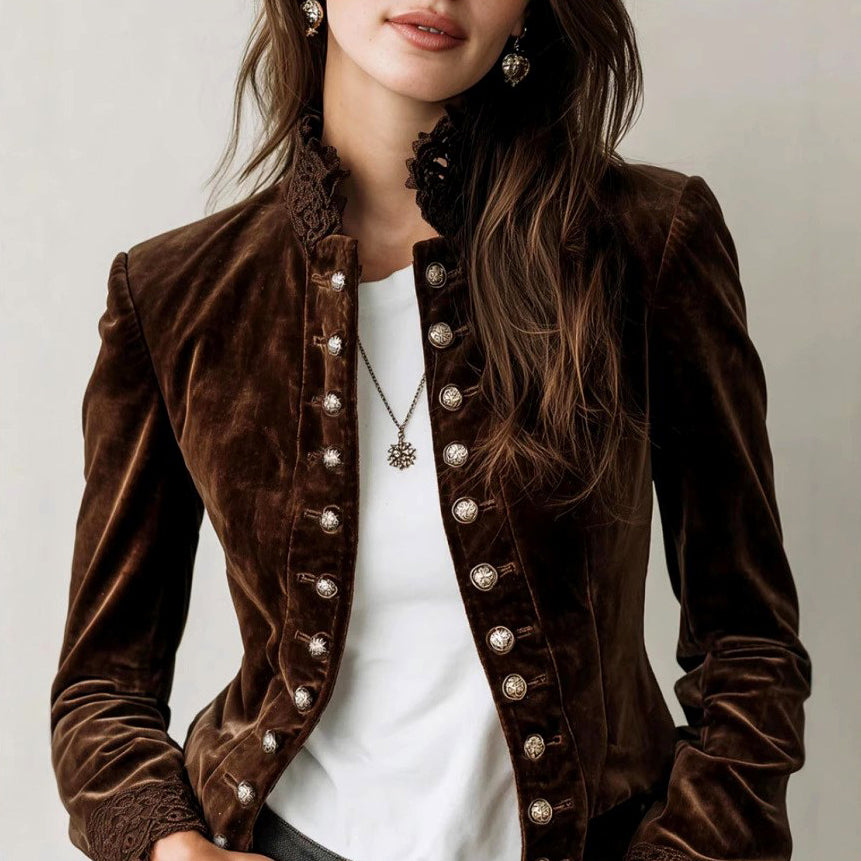 Sheena - Women's Velvet Military-Style Jacket with Lace Collar 1