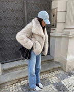 Sienna - Women's Cropped Faux Fur Jacket with Notch Collar